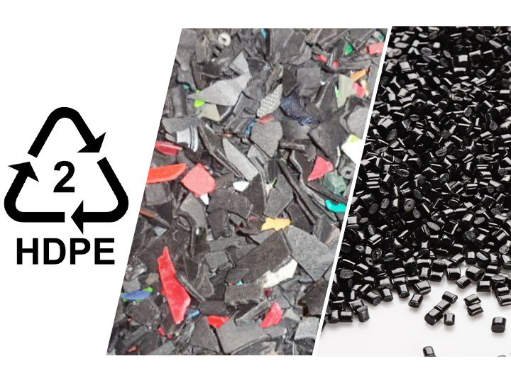 Линия переработки HDPE, показывающая измельчённые пластиковые отходы, превращённые в переработанные гранулы