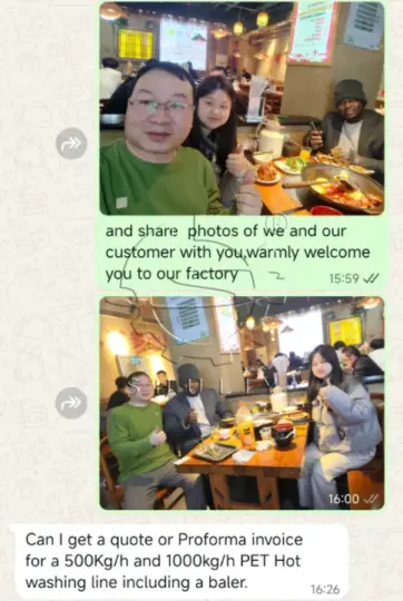 쉘리가 공장을 방문한 국제 고객들과 함께 식사를 즐기는 사진을 공유합니다.
